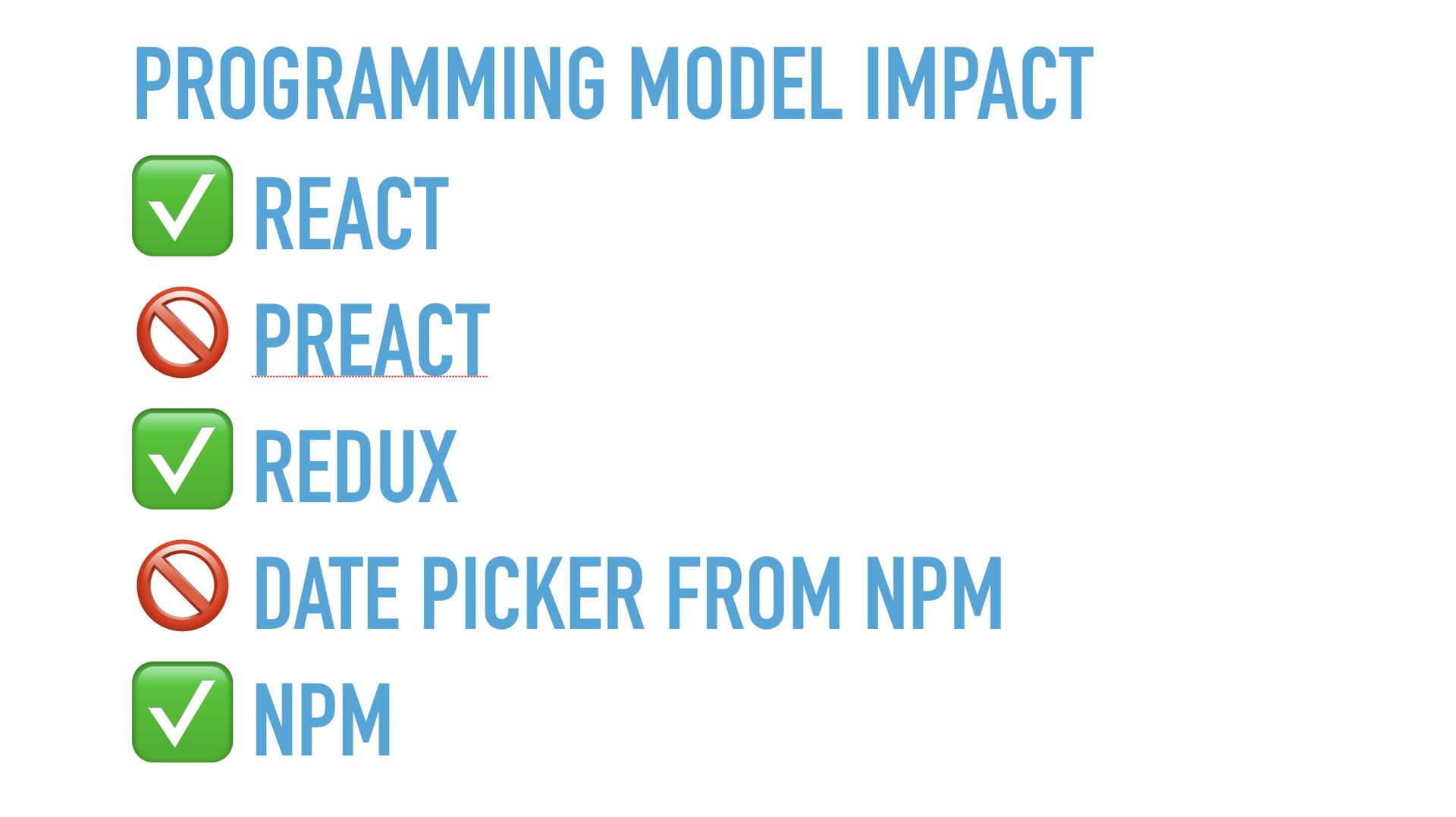 Slide text: Programming model impact examples: React, Preact, Redux, Date picker from npm, npm