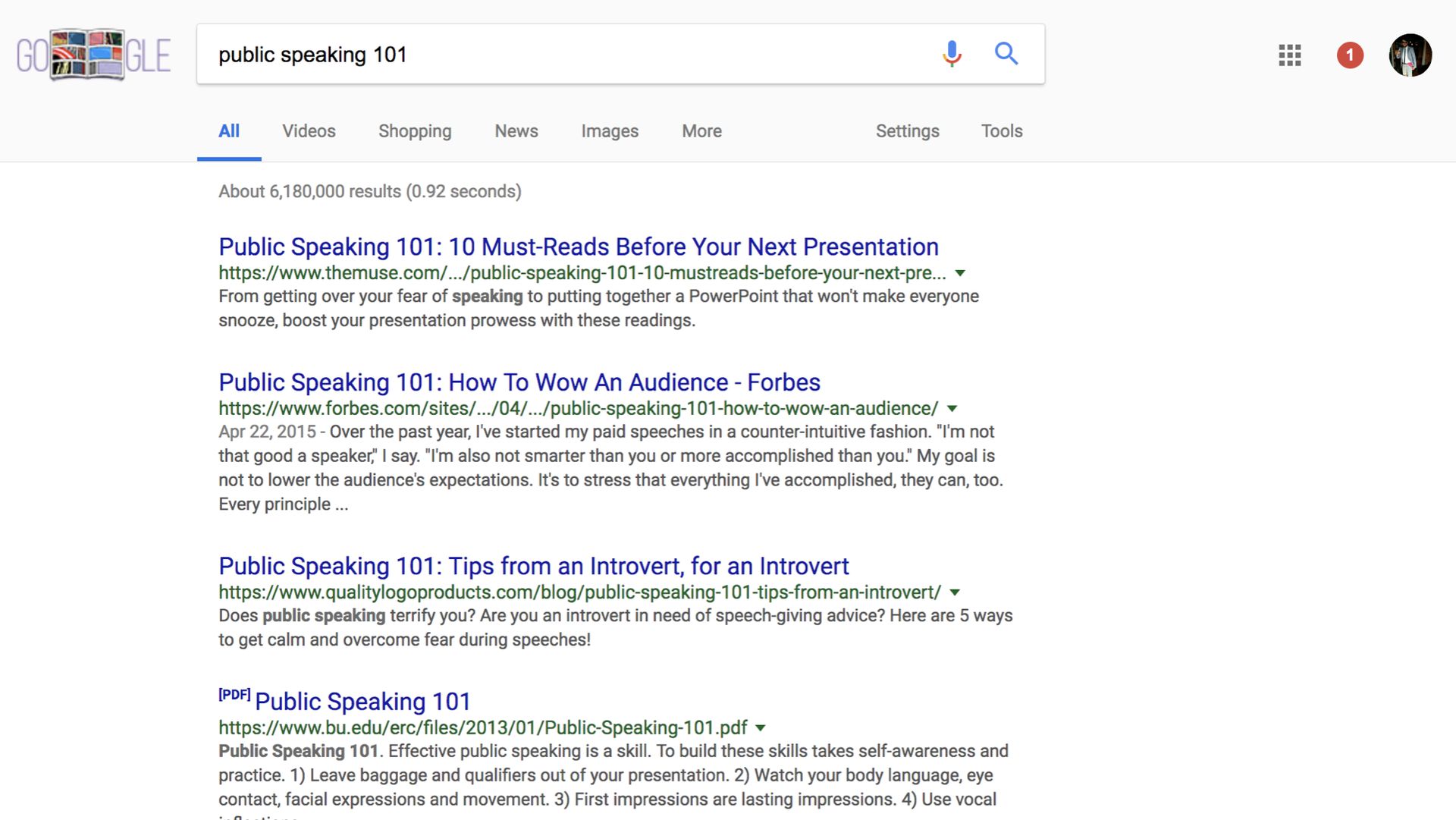 Google Search query screenshot for “public speaking 101”